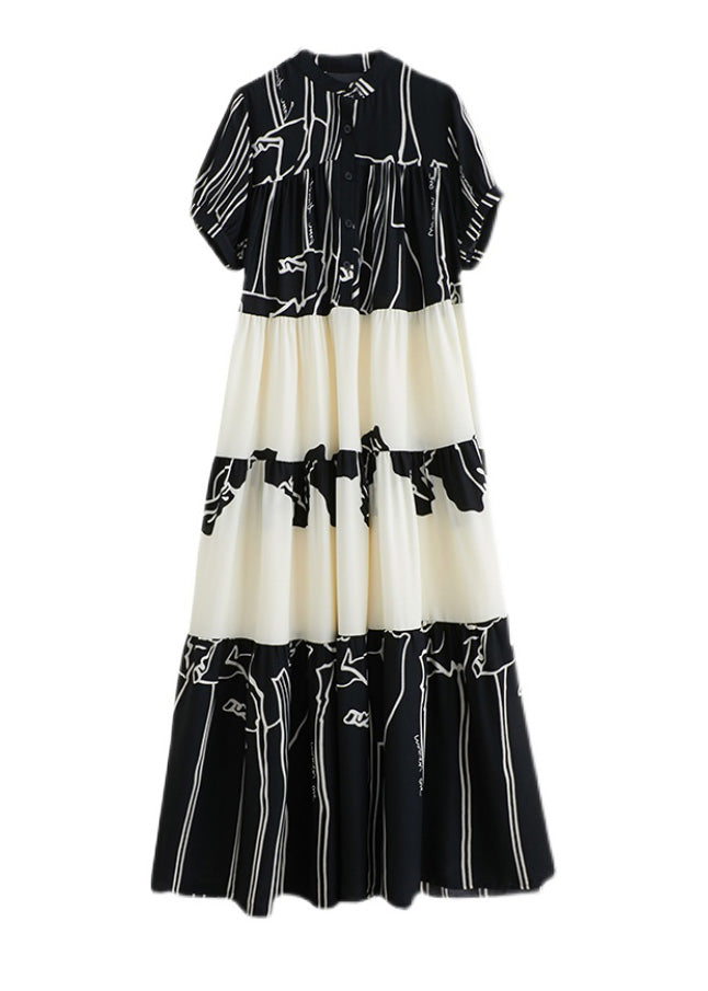French Black Stand Collar Print Patchwork Long Dress Short Sleeve Ac2066