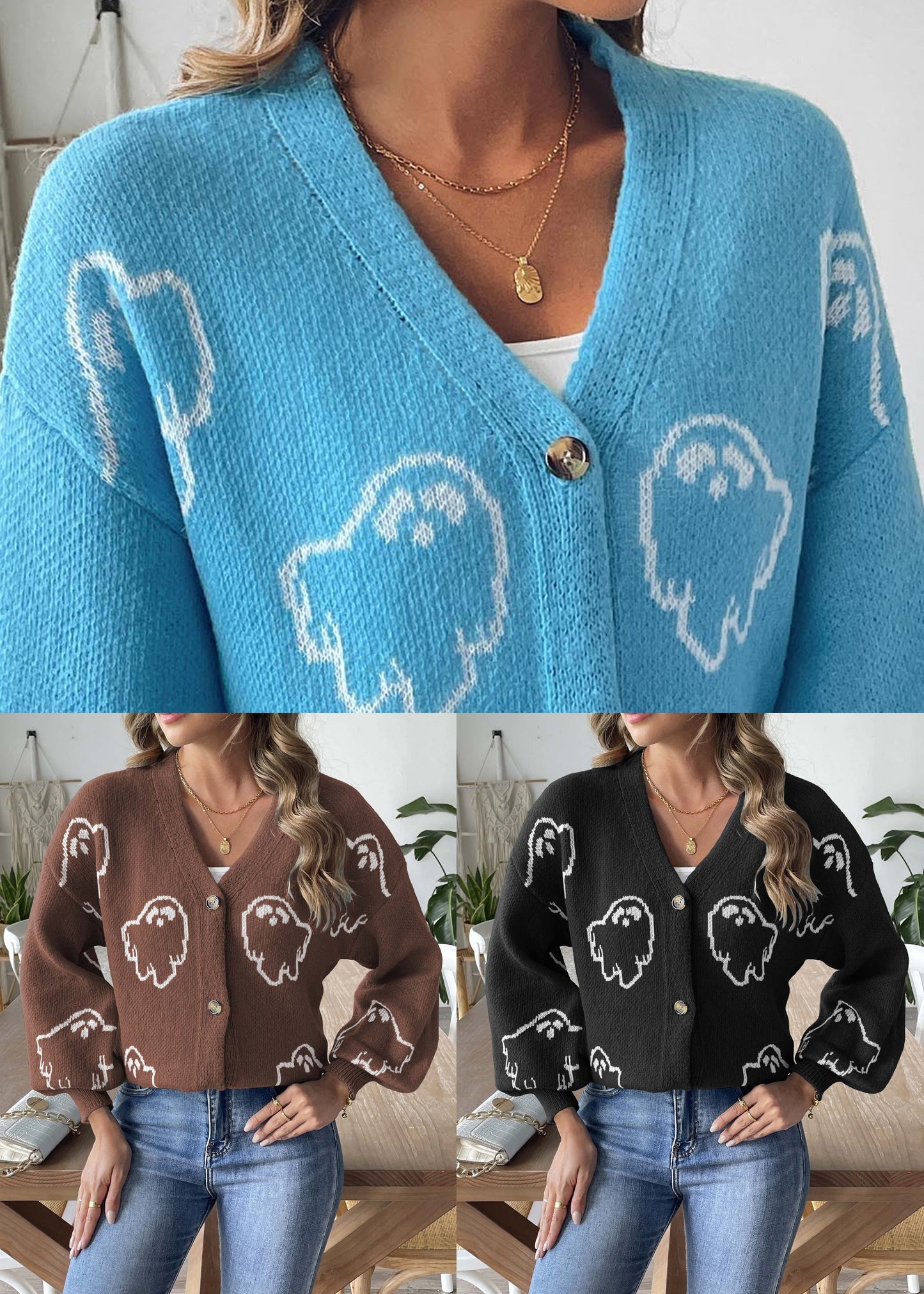 French Black V Neck Button Knit Coats Fall Ae1007