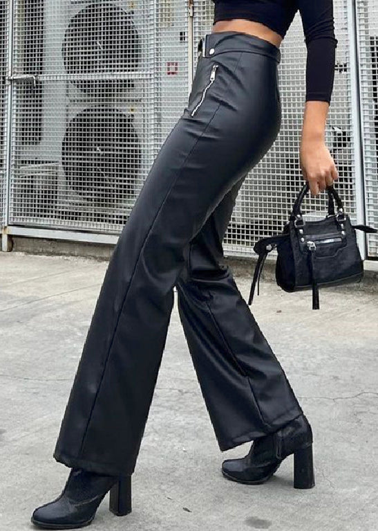 French Black Zip Up High Waist Faux Leather Pants Spring Yt038