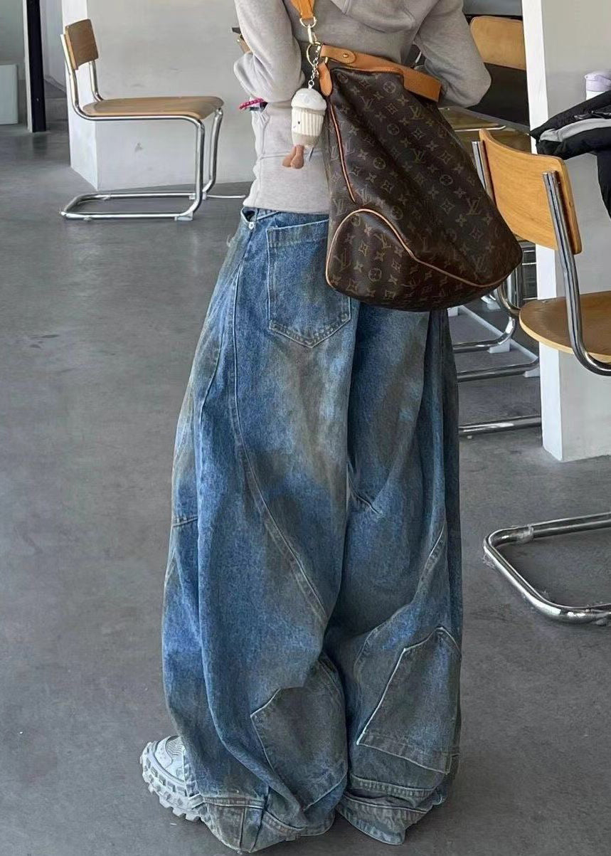 French Blue Hole High Waist Denim Pants Fall Aw1016