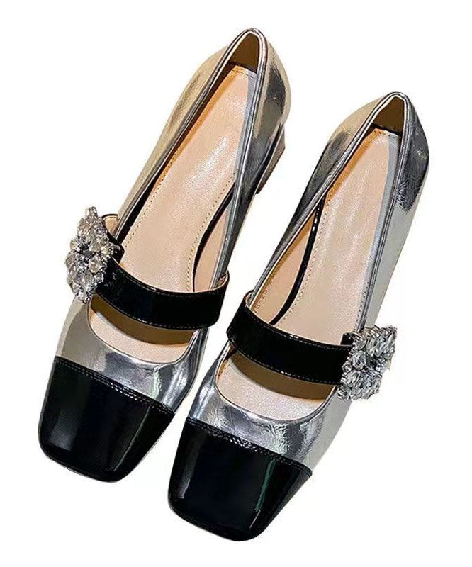 French Chunky Heel Silver Zircon Splicing Loafer Shoes Dd1041