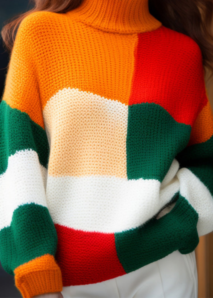 French Colorblock Turtleneck Cozy Knit Sweater Winter Wx007