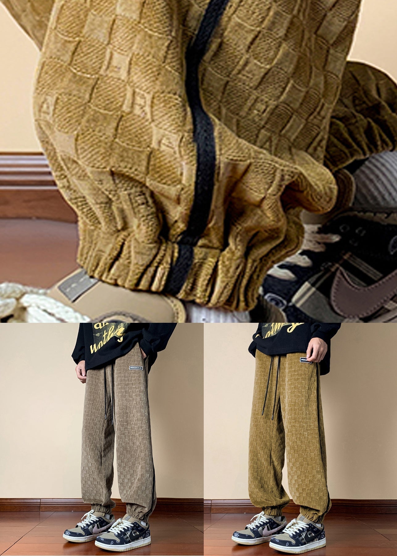French Dark Khaki Plaid Elastic Waist Cotton Pants Fall Wa052