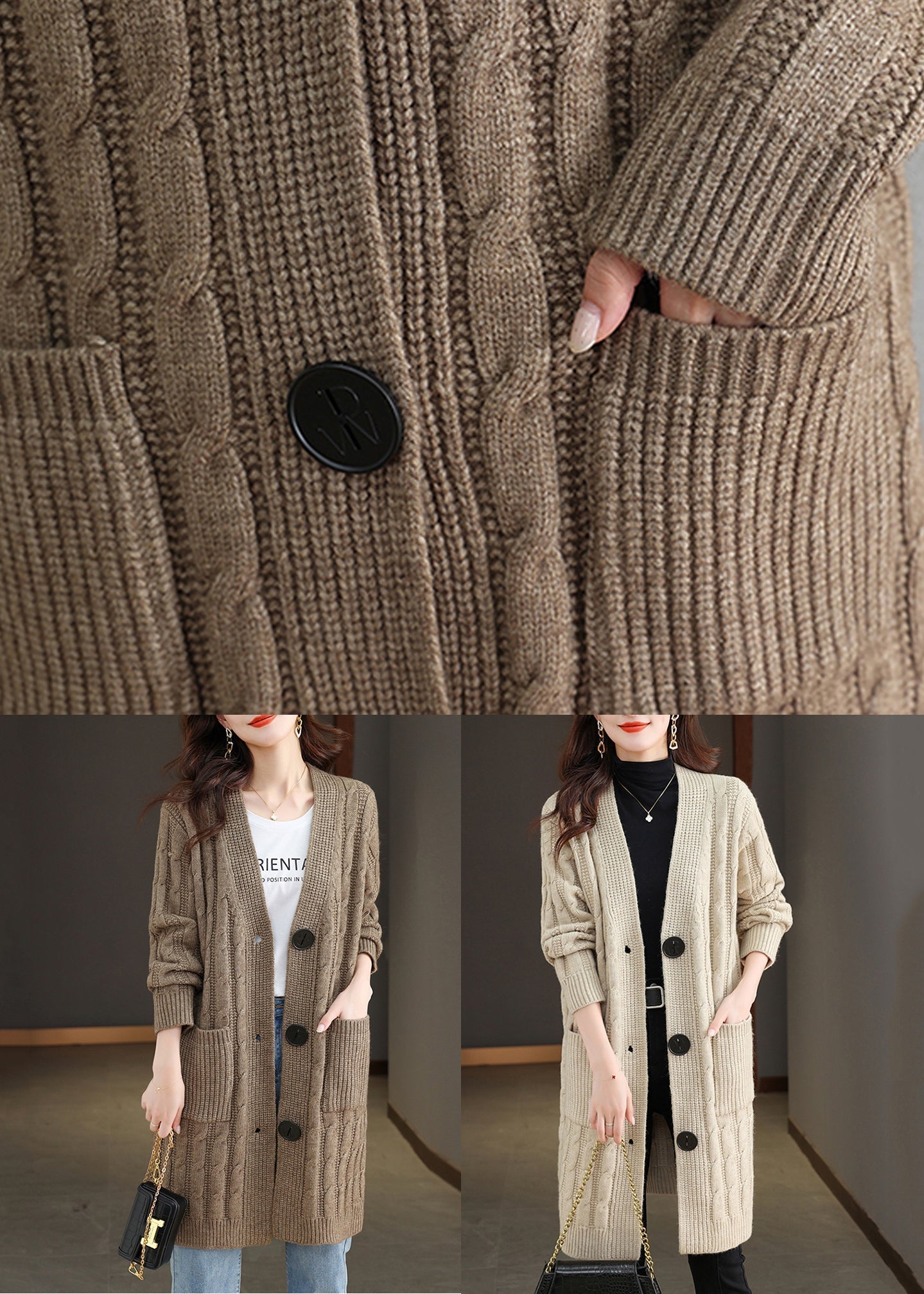 Beige Pockets Cable Wool Knit Fall Cardigans V Neck Qs014