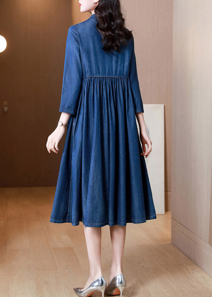 French Denim Blue V Neck Embroideried Patchwork Elastic Waist Cotton Long Dresses Spring Ac2022