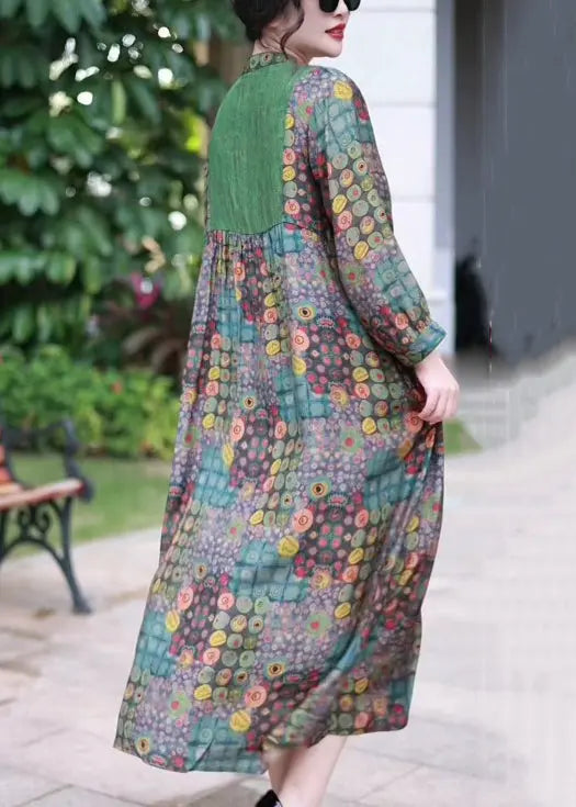 French Green Button Print Patchwork Silk Long Dress Spring Cg1020