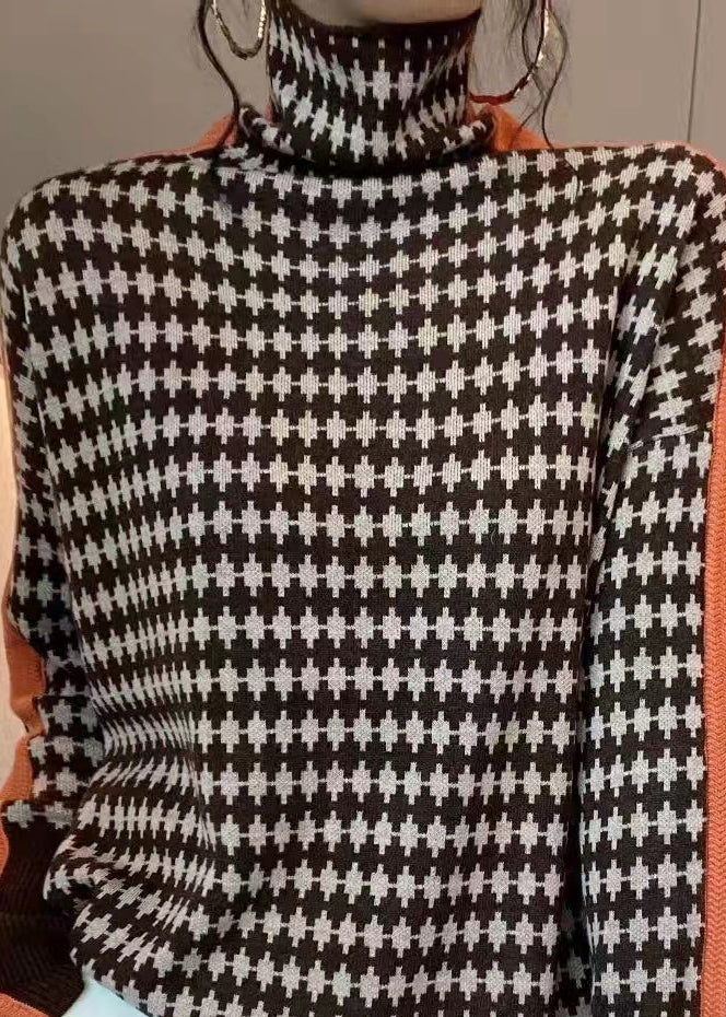 French Green Turtleneck Plaid Patchwork Knit Coats Spring Tf041