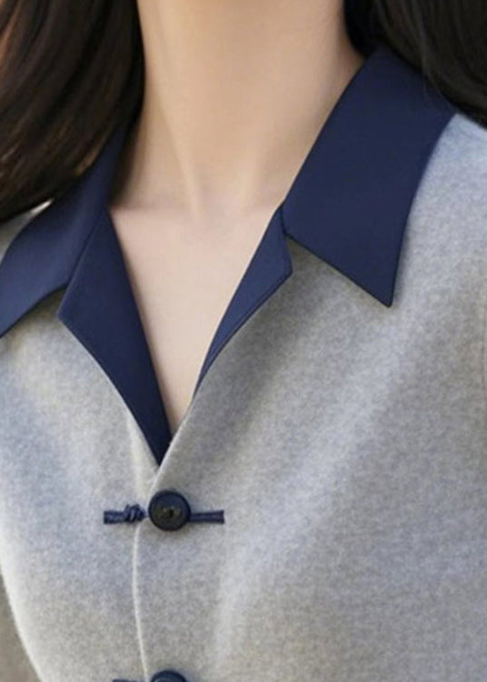 French Grey Button Patchwork Knitting Cotton Sweaters Winter Er031