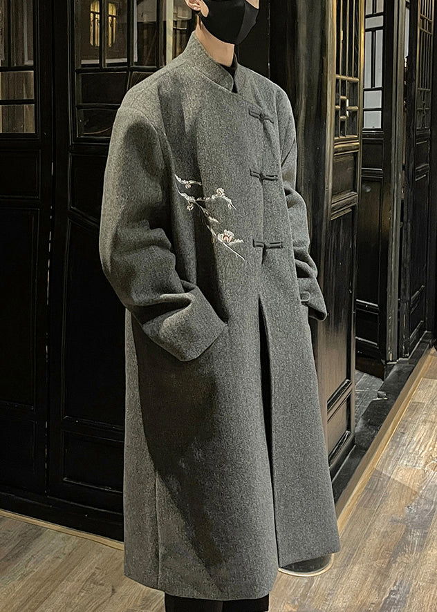 French Grey Embroideried Button Woolen Long Trench Coat Winter Ro027