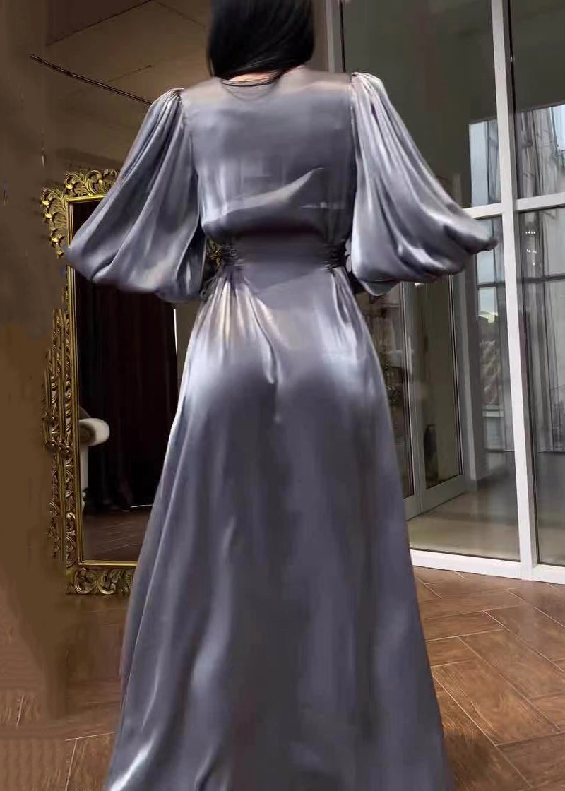 French Grey O-neck Silk Long Dresses Lantern Sleeve Ql005