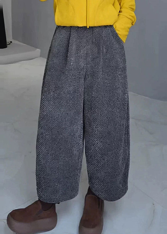 French Grey Pockets Elastic Waist Warm Fleece Wide Leg Pants Spring Yy028