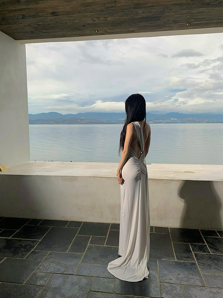French-inspired White Ribbon Tie Backless Maxi Dress Beach & Evening Elegance