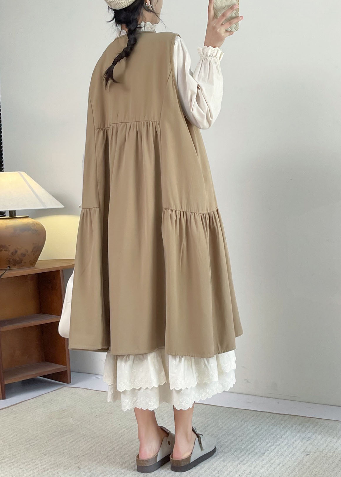 French Khaki O-neck Lace Patchwork Long Dress Sleeveless Bv029