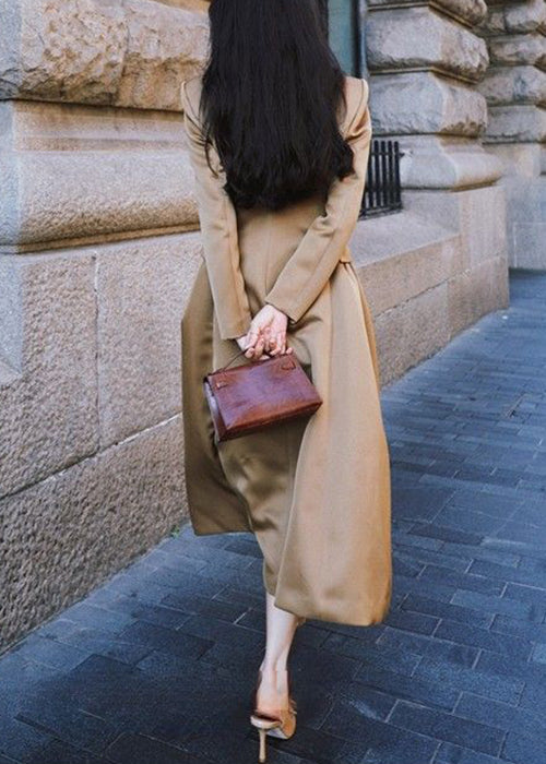 French Khaki Peter Pan Collar Button Silk Long Trench Coat Spring Yz047