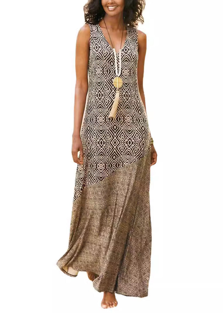 French Khaki V Neck Print Patchwork Cotton Maxi Dresses Sleeveless Tl018