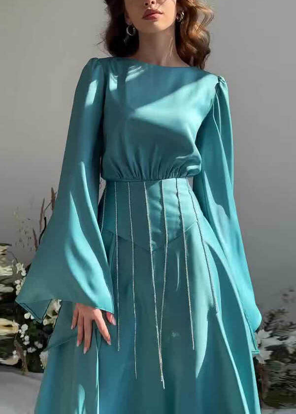 French Lake Blue Tassel Lace Up Silk Long Dress Fall Ql021
