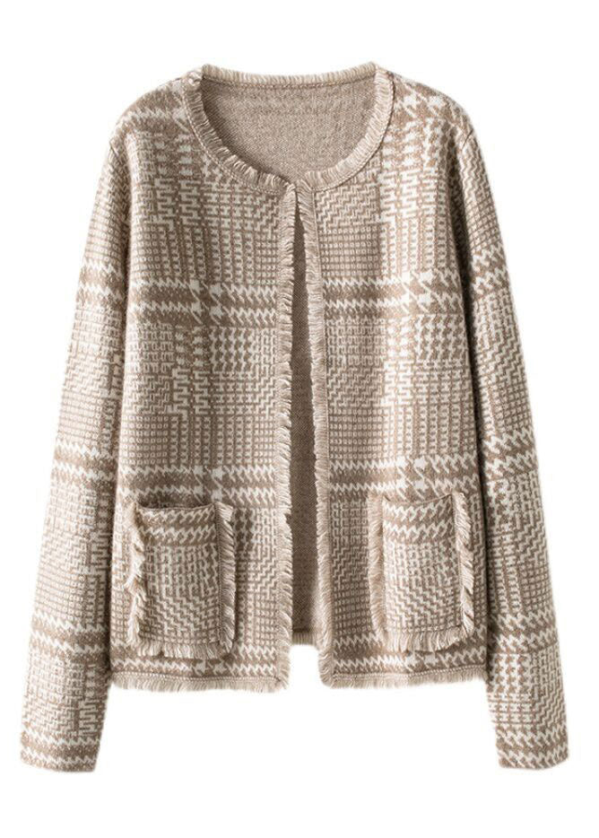 French Light Camel O-neck Tassel Woolen Cardigan Fall Wn031