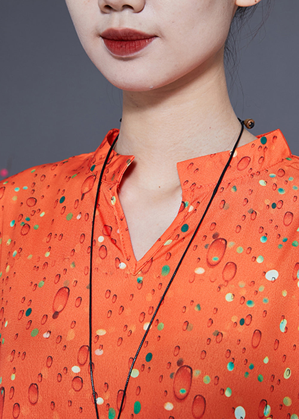 French Orange Stand Collar Oversized Print Silk Two-piece Set Bracelet Sleeve Lc0406