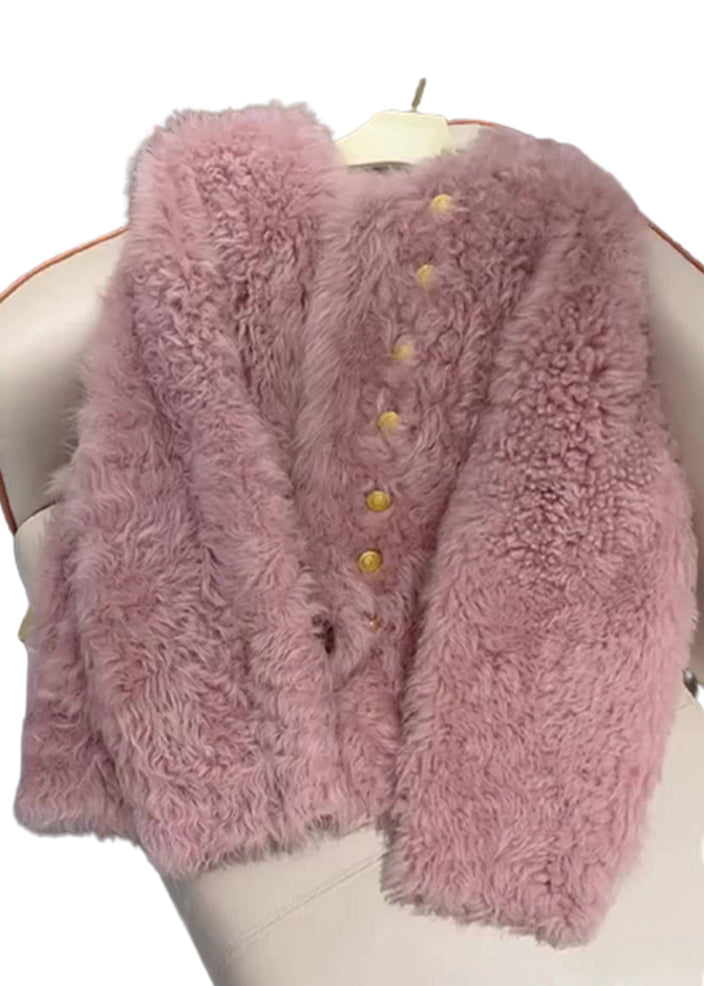 French Pink O-neck Button Faux Fur Coats Spring Tq004