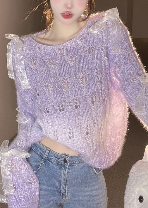 French Purple O Neck Bow Ma Hai Mao Knitted Sweaters Fall Rl014