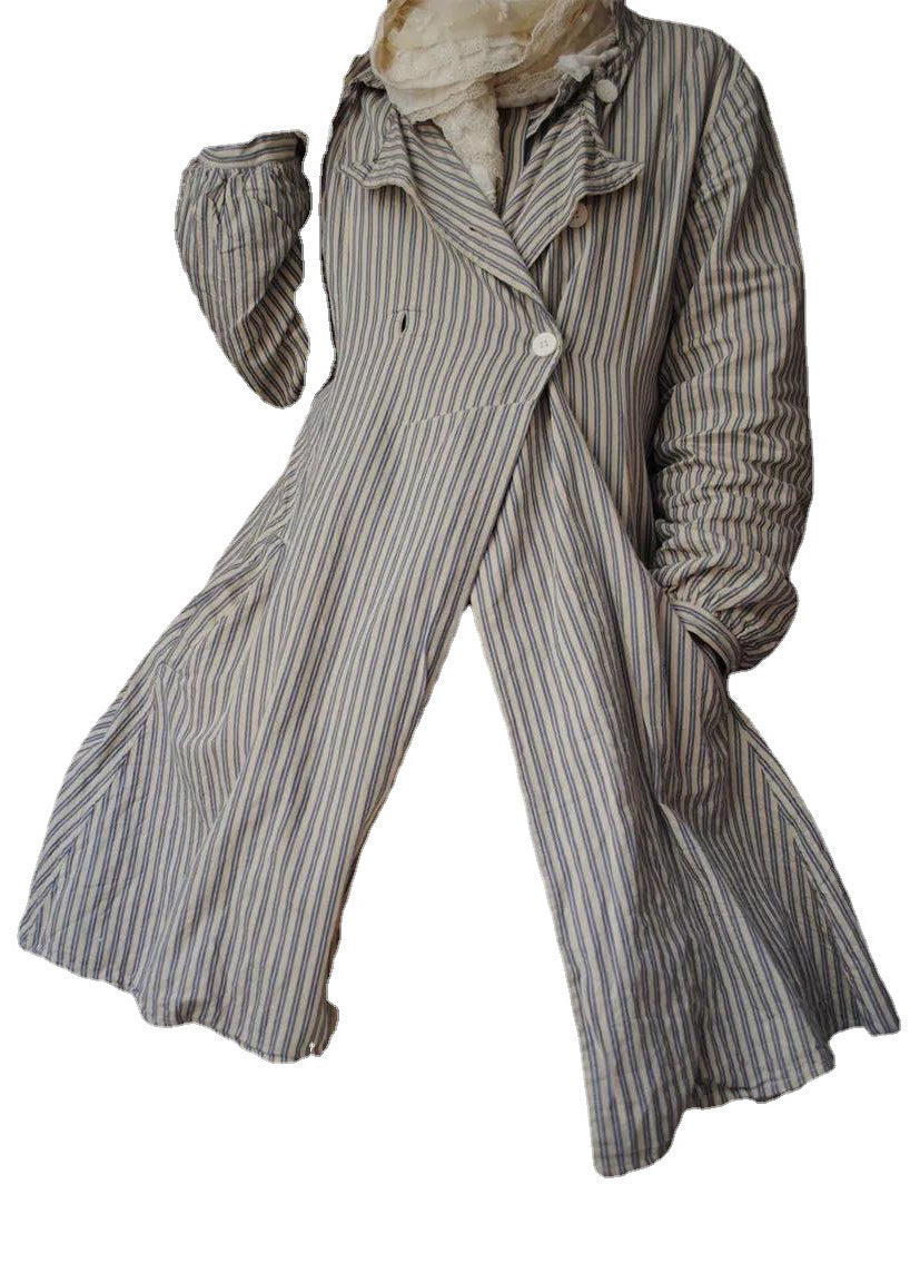French Striped Button Pockets Cotton Coats Long Sleeve Ff068