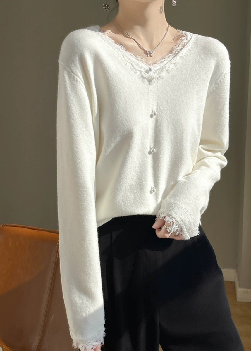 French White O-neck Lace Patchwork Cotton Knit Sweater Fall Qp047