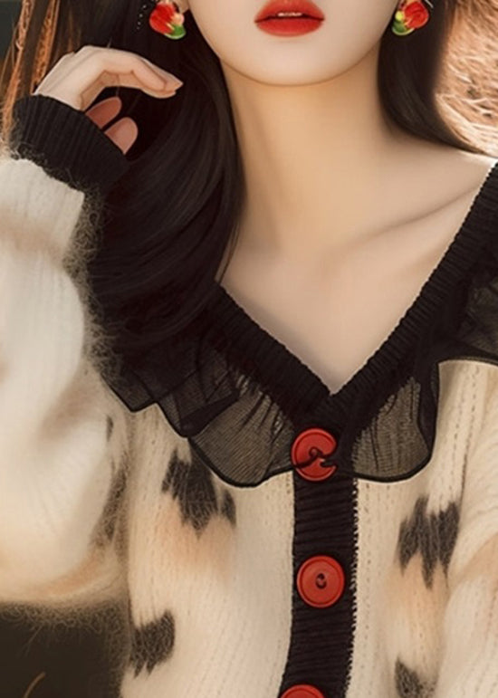 French White Ruffled Print Button Knit Cardigans Spring Tn031