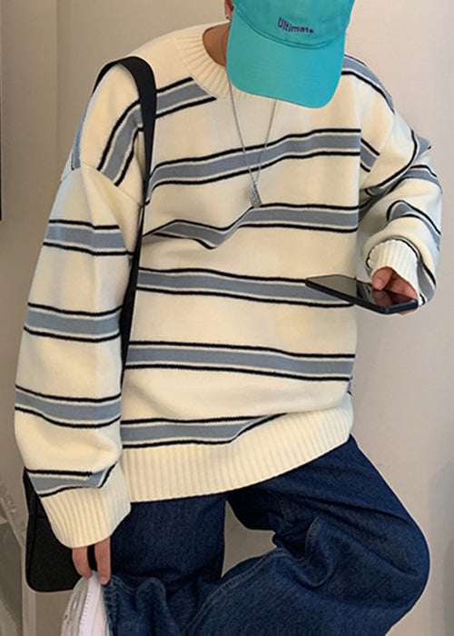 French White Striped Cozy Knit Sweaters Winter Qf039
