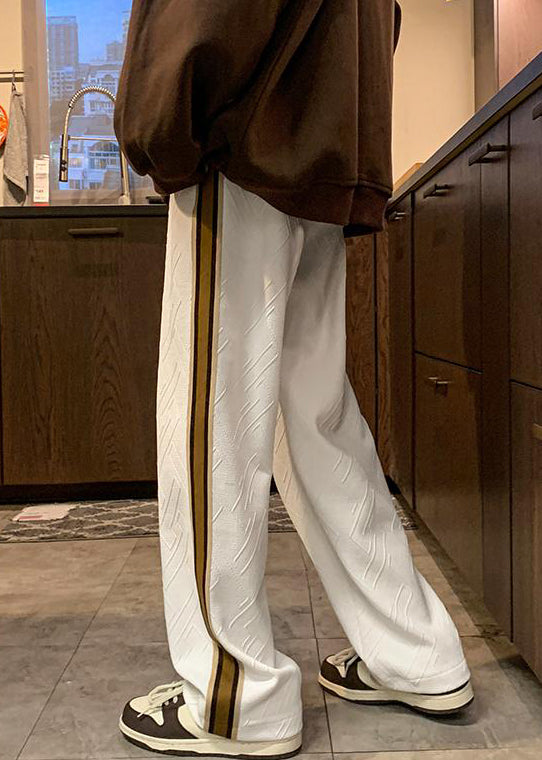 French White Striped Drawstring Cotton Pants Fall Wa051