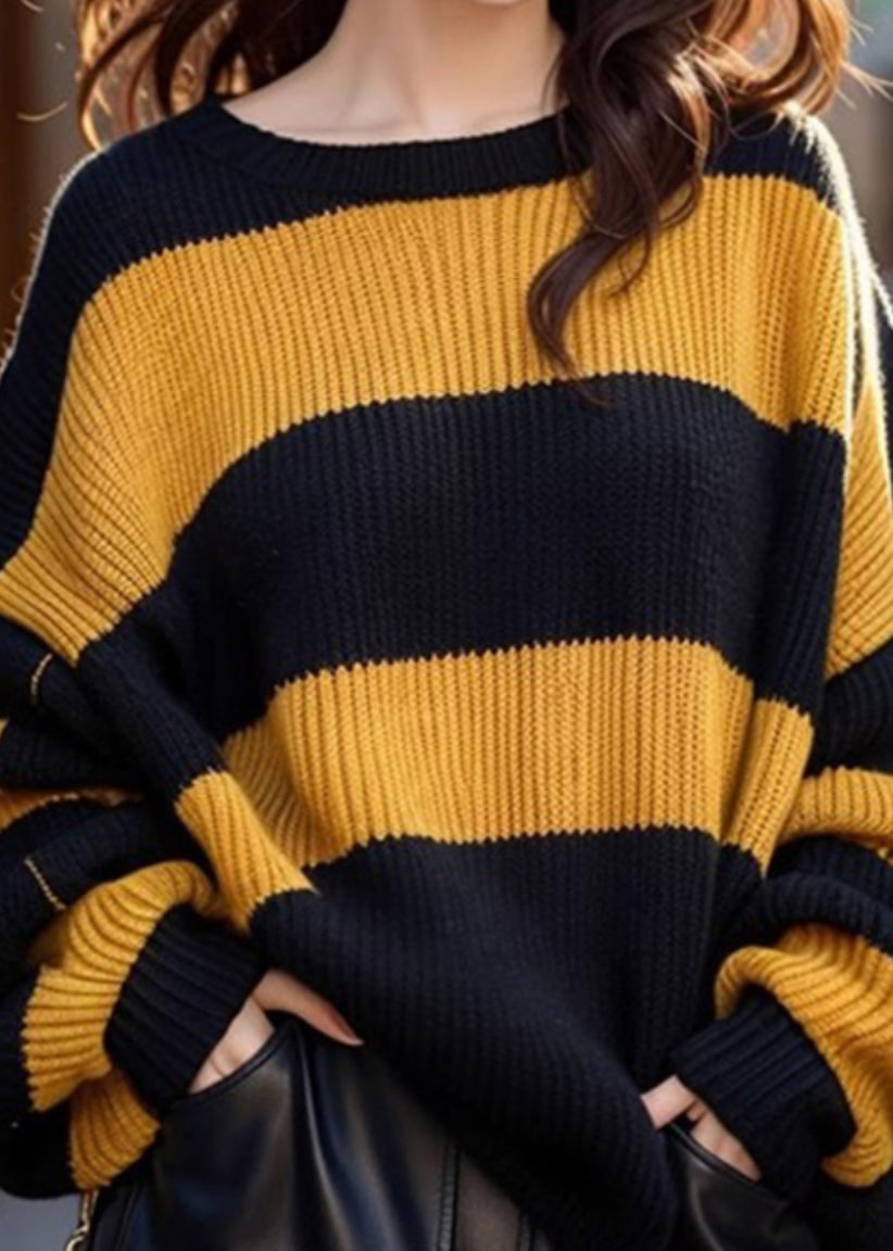 French Yellow O Neck Striped Cozy Knit Sweaters Winter Wk001