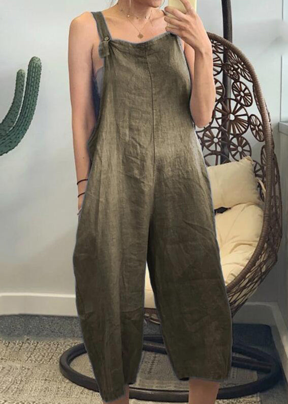 French Yellow High Waist Cotton Jumpsuits Sleeveless Ff051