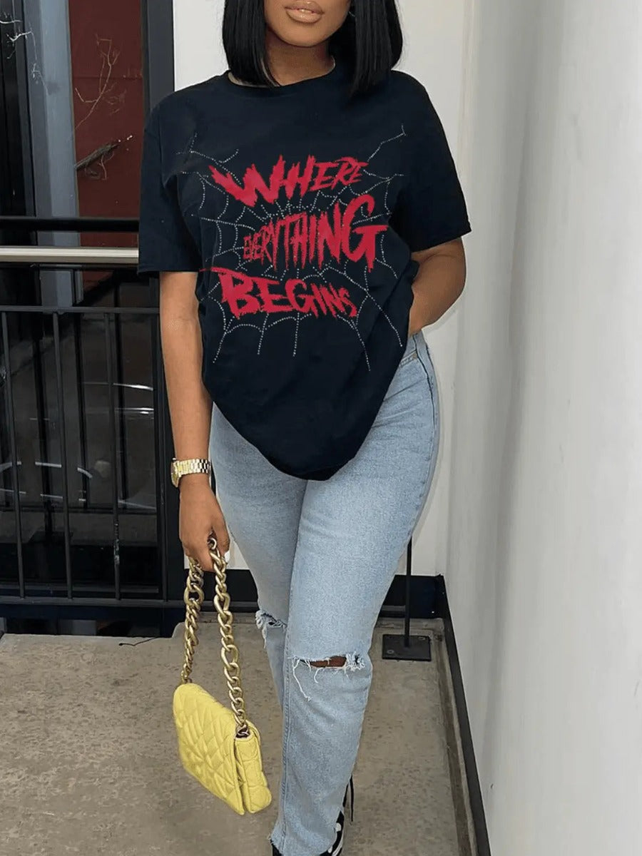 Spider Web Letter Print T-shirt Ar7039