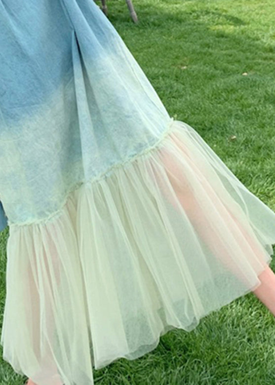 Gradient Color Blue Tulle Patchwork Spaghetti Strap Long Dress Short Sleeve Uu1025