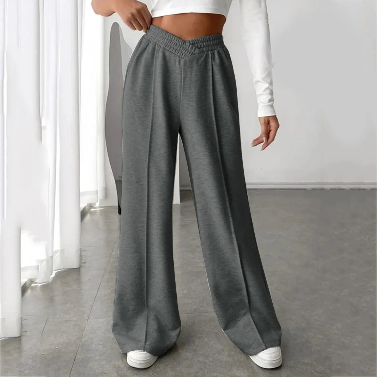 V-shaper Elastic Wide Leg Stylish Gray Jogging Leisure Sweatpants
