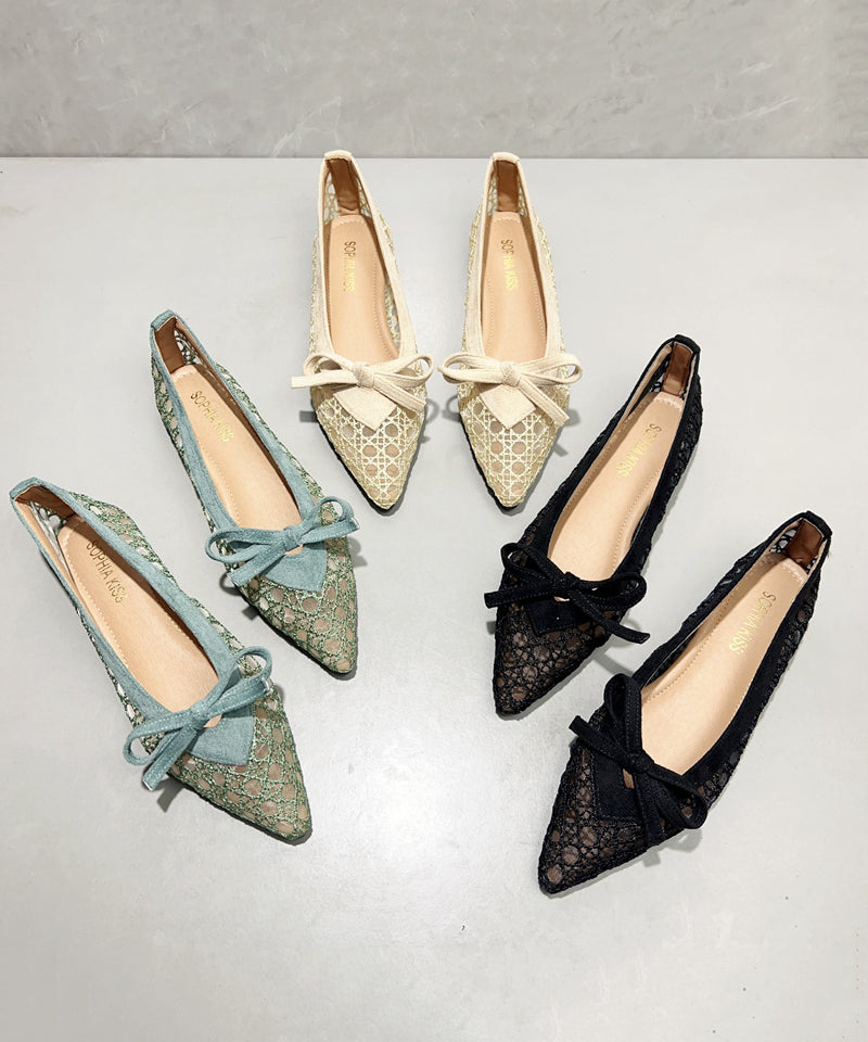 Green Flat Feet Shoes Breathable Mesh Comfy Splicing Bow Tp020