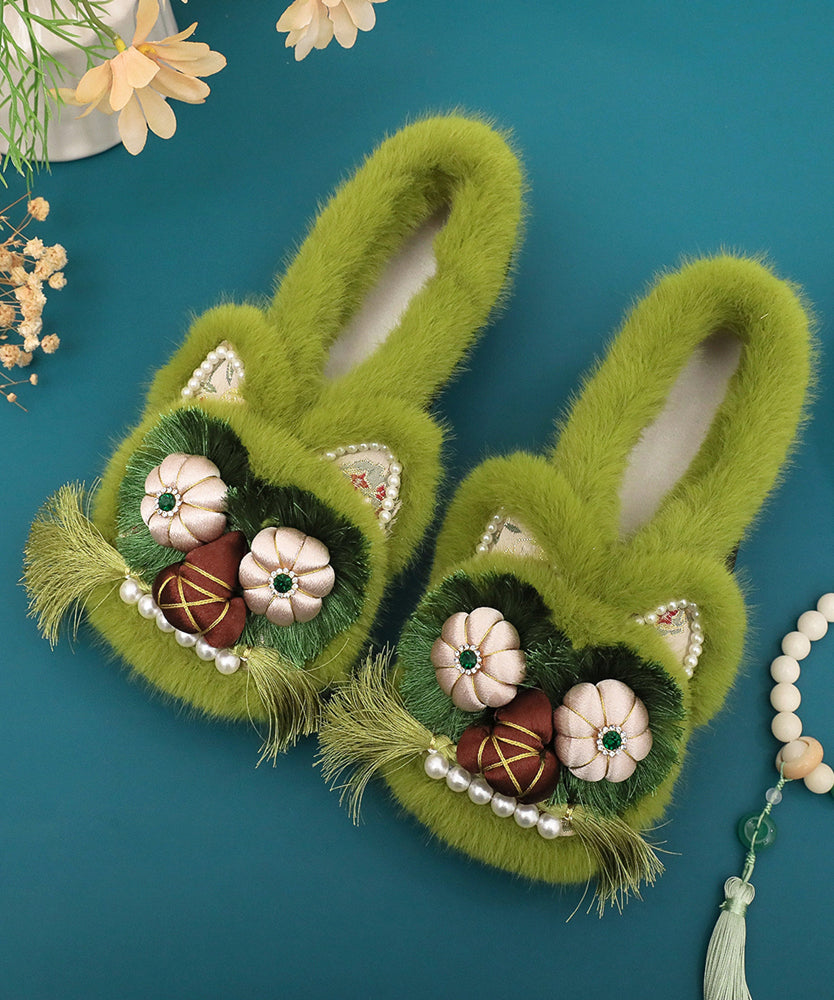 Green Fuzzy Wool Lined Retro Splicing Flat Shoes Embroidery Tq042