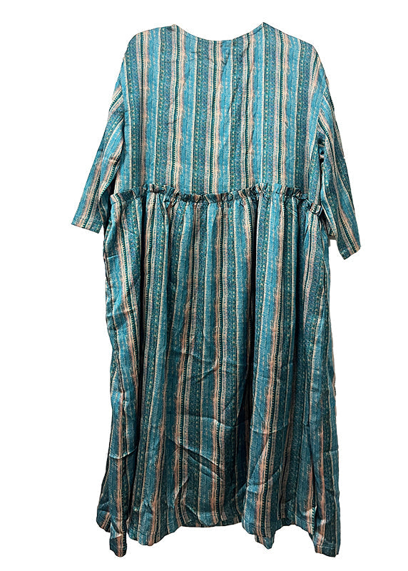 Green O-neck Ruffled Wrinkled Silk Cotto Maxi Dress Spring Vv040