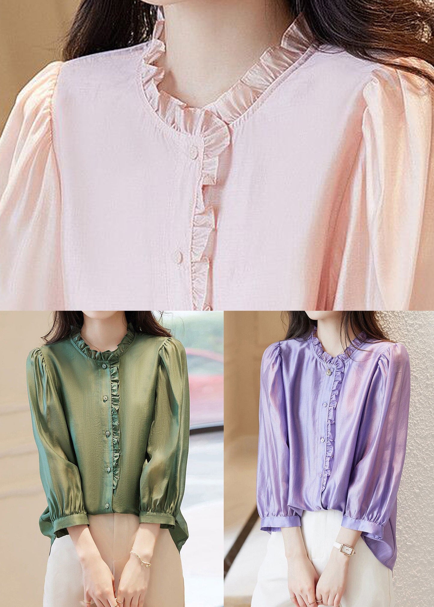 Green Button Chiffon Blouses Ruffled Spring Ab1002