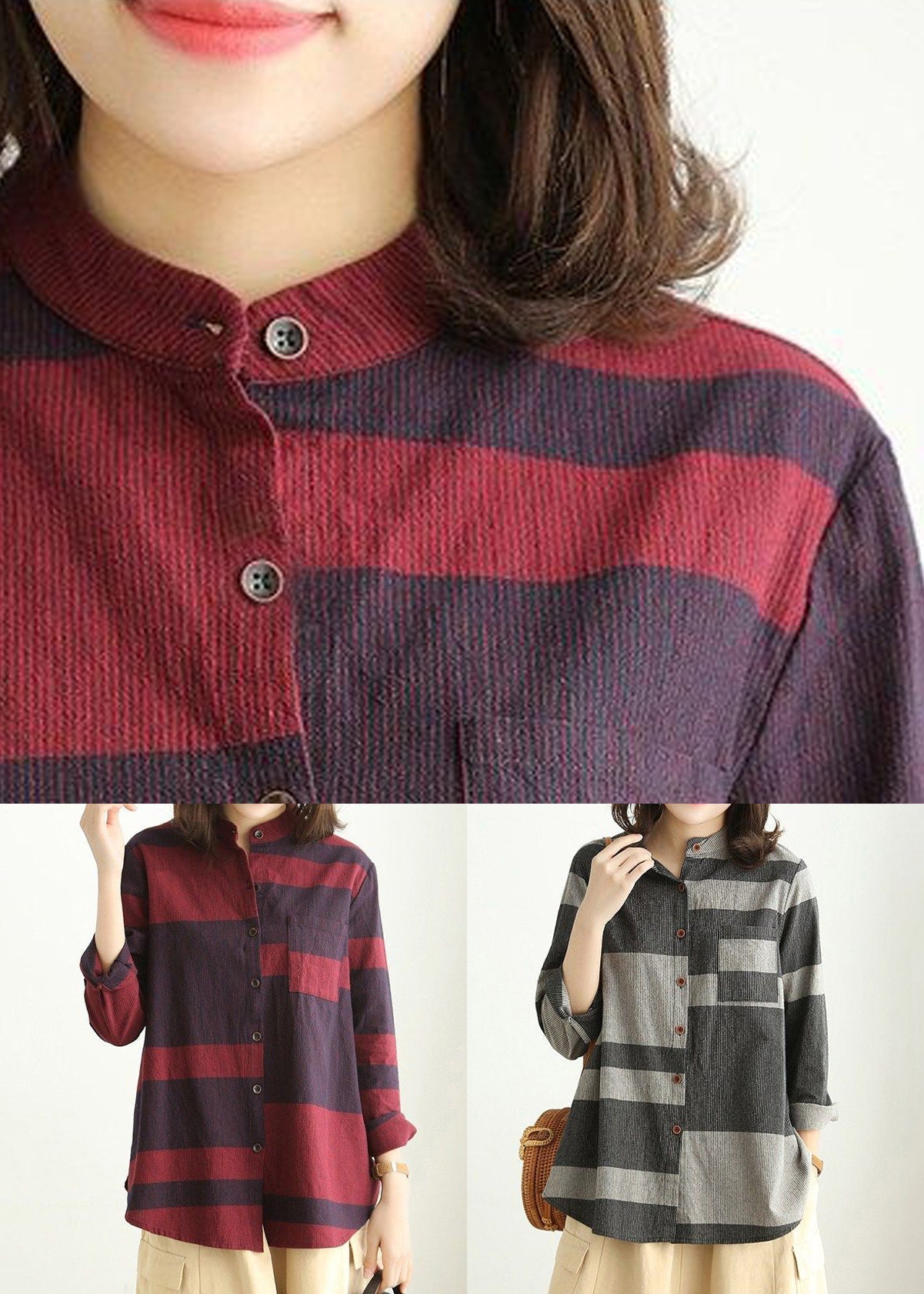Loose Red Stand Collar Button Cotton Blouses Long Sleeve Vv072