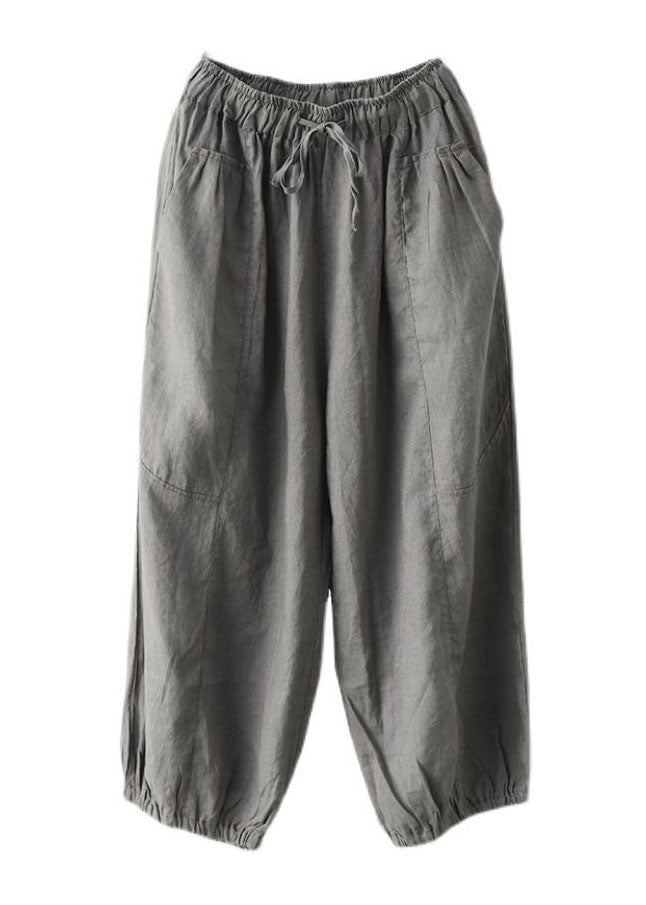 Grey Pockets Patchwork Linen Harem Pants Elastic Waist Summer Ly0609