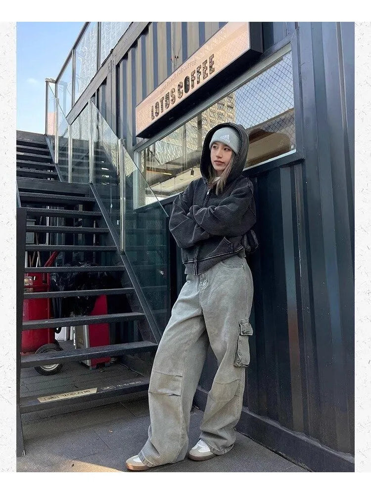 Grunge Gray Cargo Y2k Oversize Baggy Denim Wide Leg Harajuku Pant