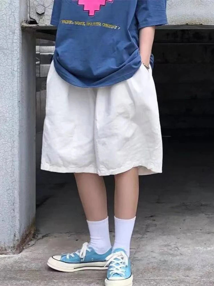 Harajuku Oversize Khaki Cargo Shorts Japanese Style Wide Leg Black Pant