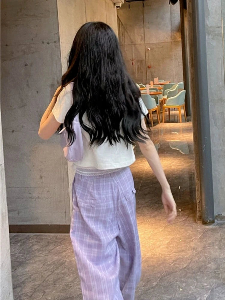 Purple Plaid Kawaii Soft Girl Oversize Wide Leg Checked Pant