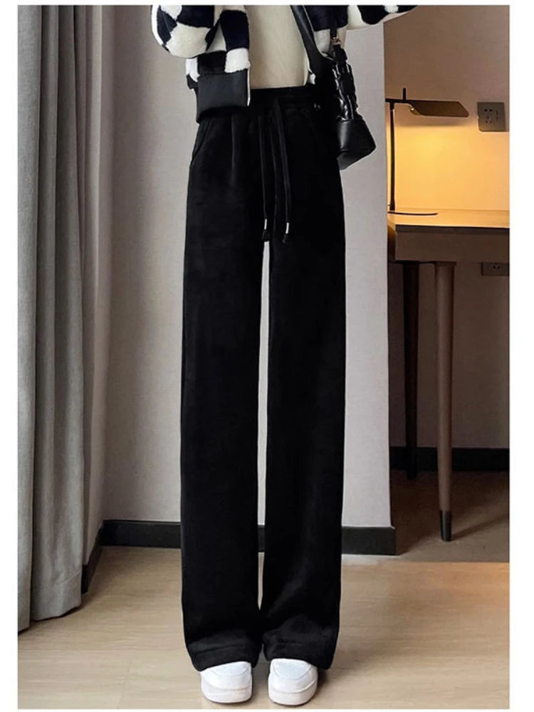 Korean Style Beige Corduroy Winter Black Fleece Warm Oversize Sweatpants Pant