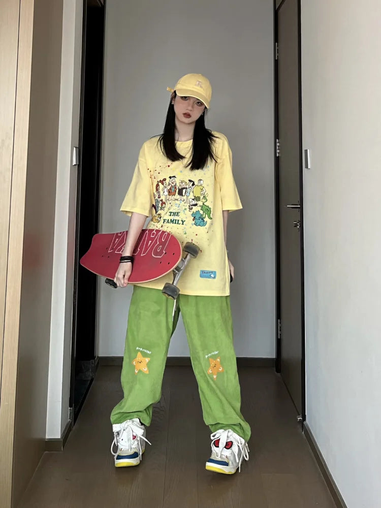 Hippie Star Print Corduroy Kawaii Green Wide Leg Sweatpants Pant