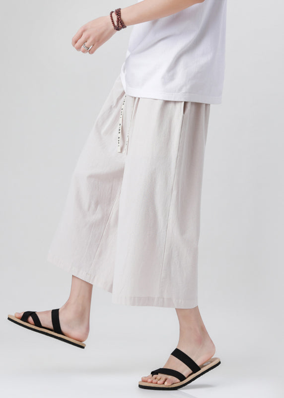 Handmade Beige Pockets Elastic Waist Wide Leg Pants Yt015