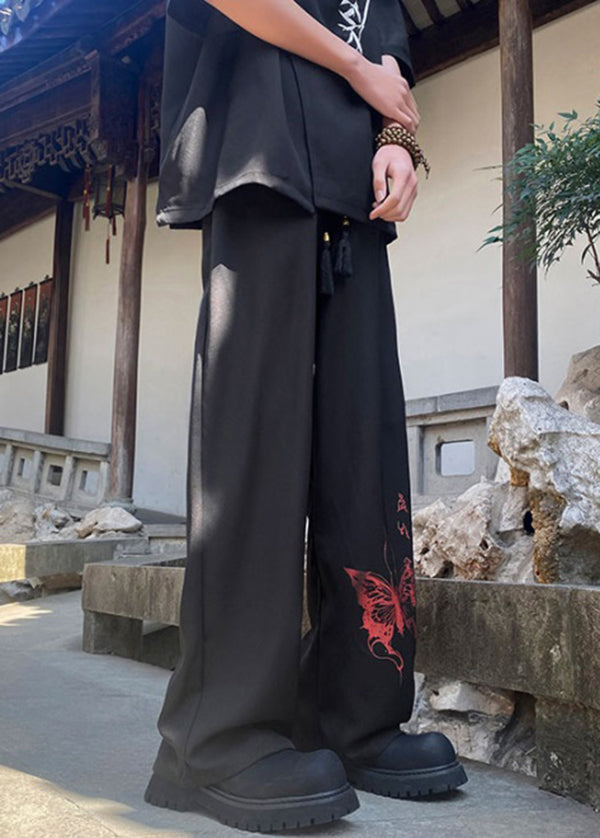 Handmade Black Pockets Print Ice Silk Pants Summer Yt039