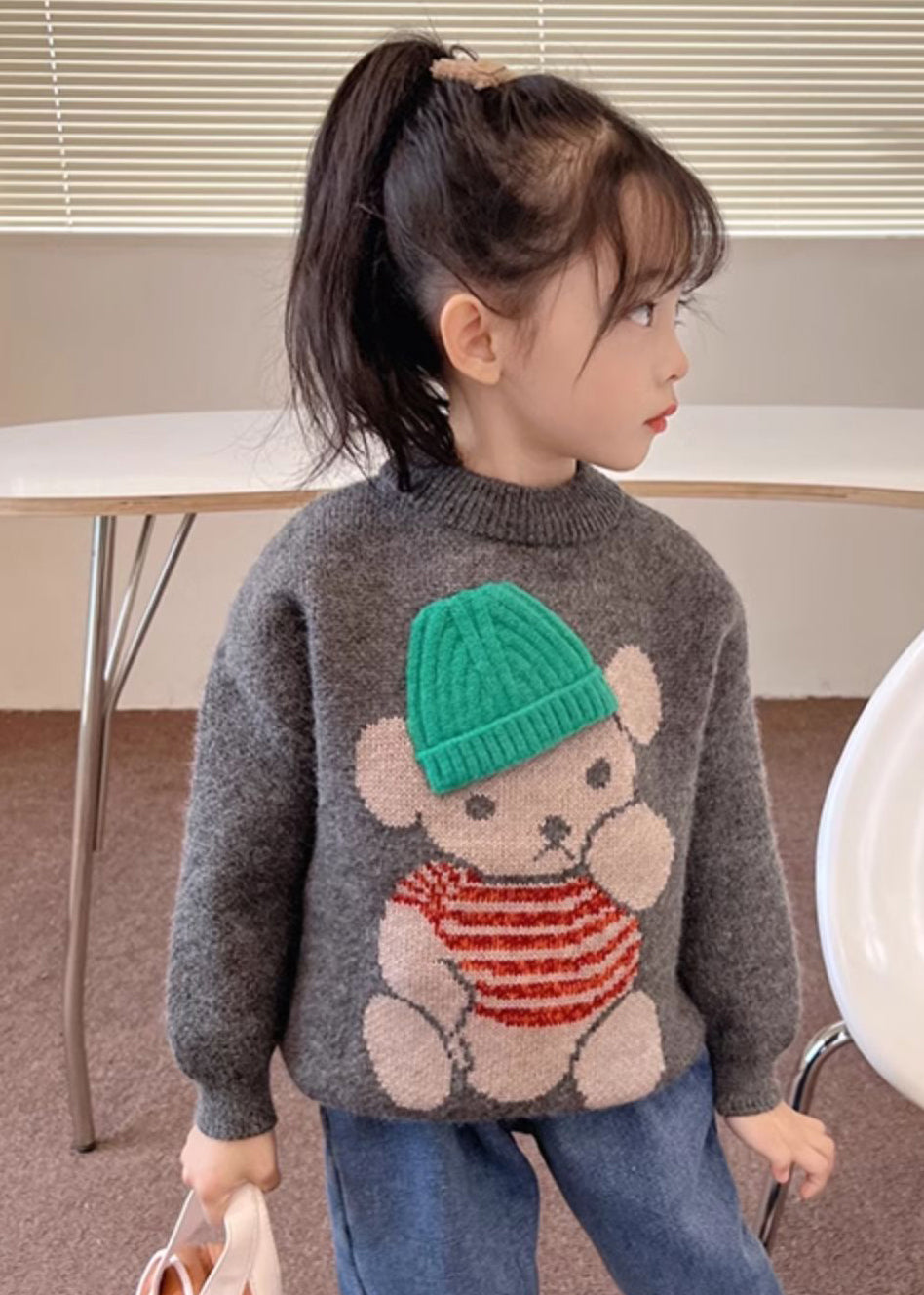 Handmade Dark Grey Cartoon Print Cotton Knit Kids Sweater Spring Tp038