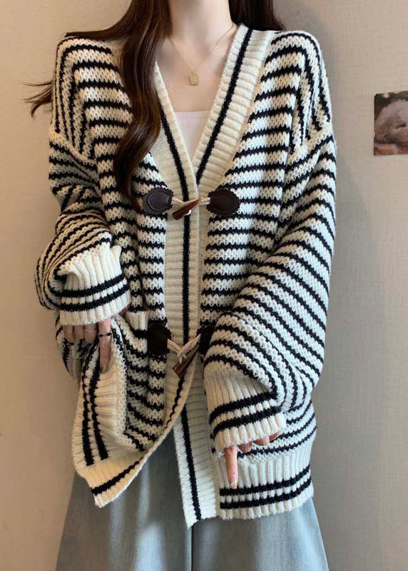 Handmade Red V Neck Striped Knit Cardigan Winter Rg036