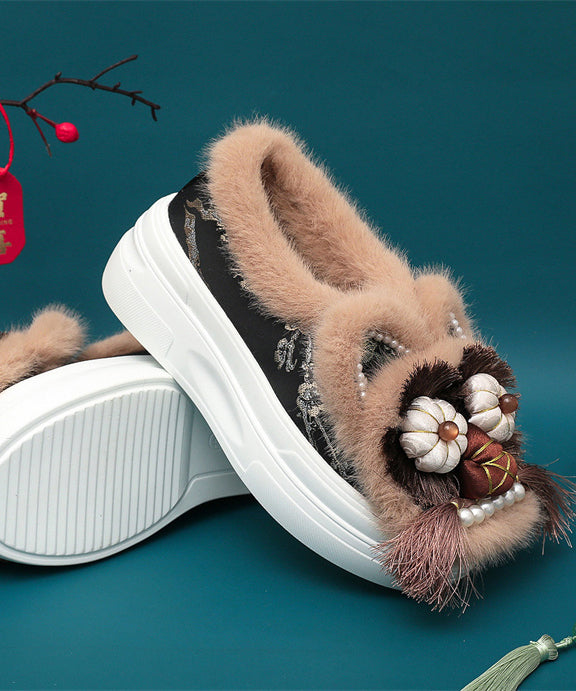 Handmade Splicing Tassel Nail Bead Platform Flat Shoes Coffee Fuzzy Wool Lined Tq039